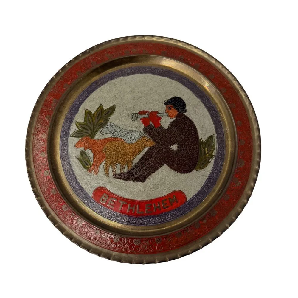 Vintage Brass Bethlehem Wall Plate Champlevé Enamel‎ Shepherd Decor